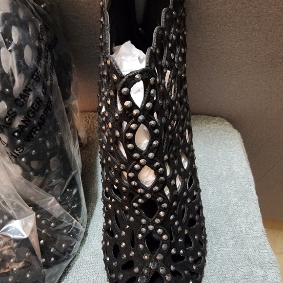 Macys Black High Heel Stappy Bootie with Zipper with Rhinestones - Picture 6 of 16